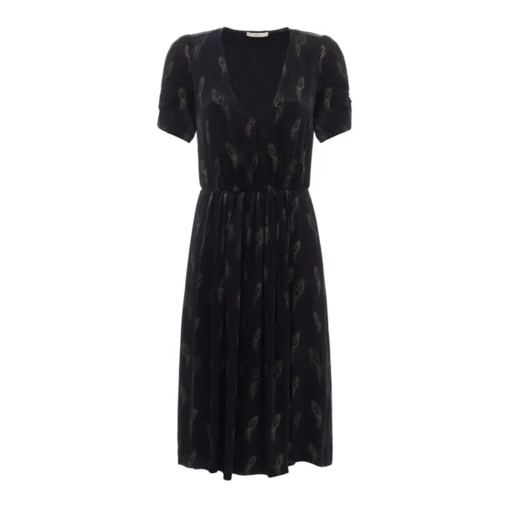 Sessùn Lee Miller Midi Dress Women Small Black Gold Tulip V-Neck Luxe Party